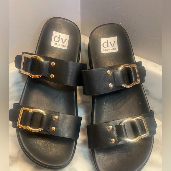 DV Dolce Vita Unique Black Gold Buckle Slide Sandals Women’s 10 - Picture 2 of 11